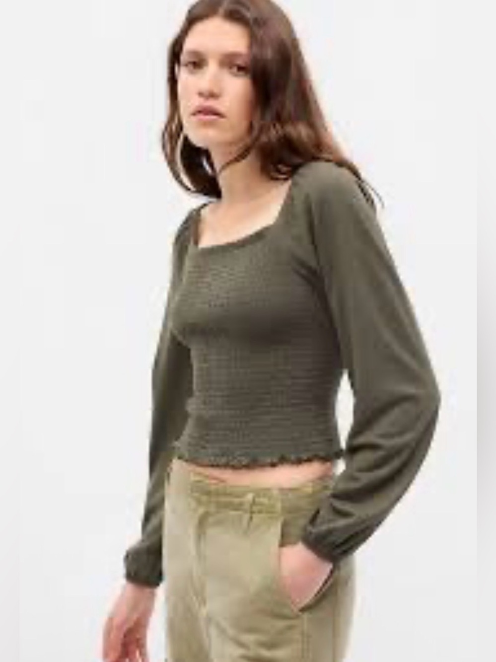 Gap Smocked Cropped Top Deep Green Square Neck Long Sleeve Women’s Size M
